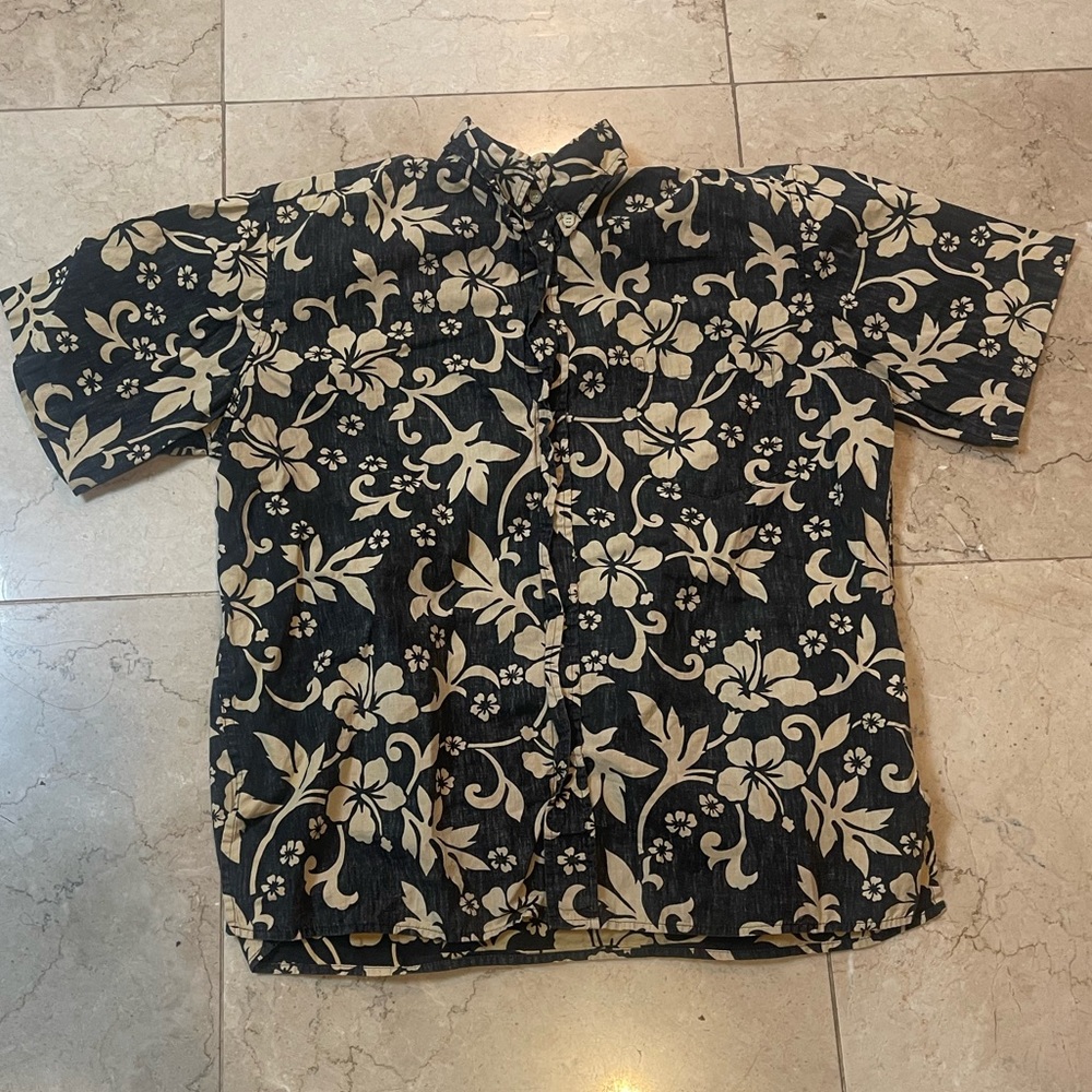 Reyn Spooner Mens vintage Aloha Shirt black grey beige Hawaiian print size large